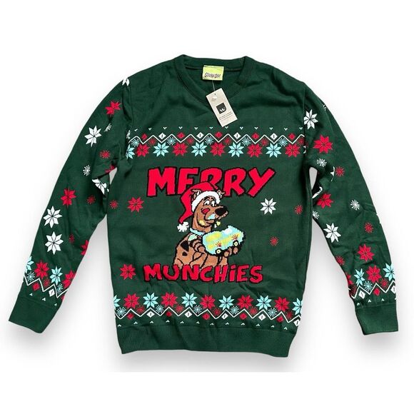 NWT Scooby Doo Mens Knitted Christmas Munchies Pullover Green Acrylic Sweater S - Picture 9 of 12